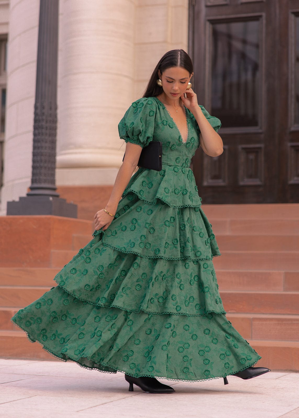 Sloane Puff Sleeve Tiered Cotton Floral V-Neck Maxi Dress - Green