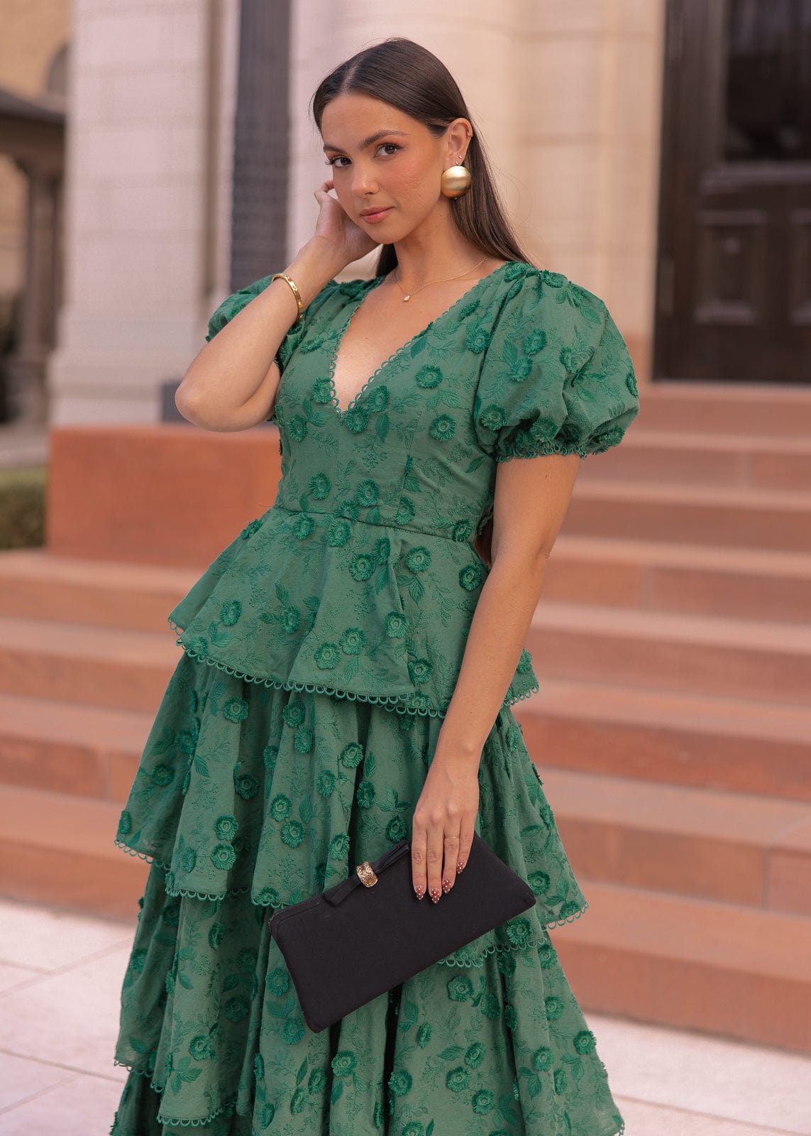 Sloane Puff Sleeve Tiered Cotton Floral V-Neck Maxi Dress - Green