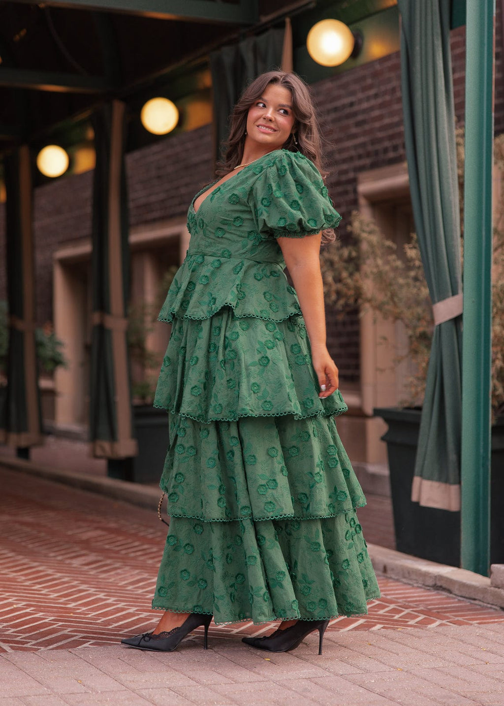 Sloane Puff Sleeve Tiered Cotton Floral V-Neck Maxi Dress - Green