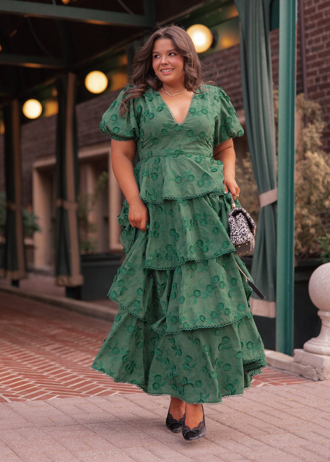 Sloane Puff Sleeve Tiered Cotton Floral V-Neck Maxi Dress - Green