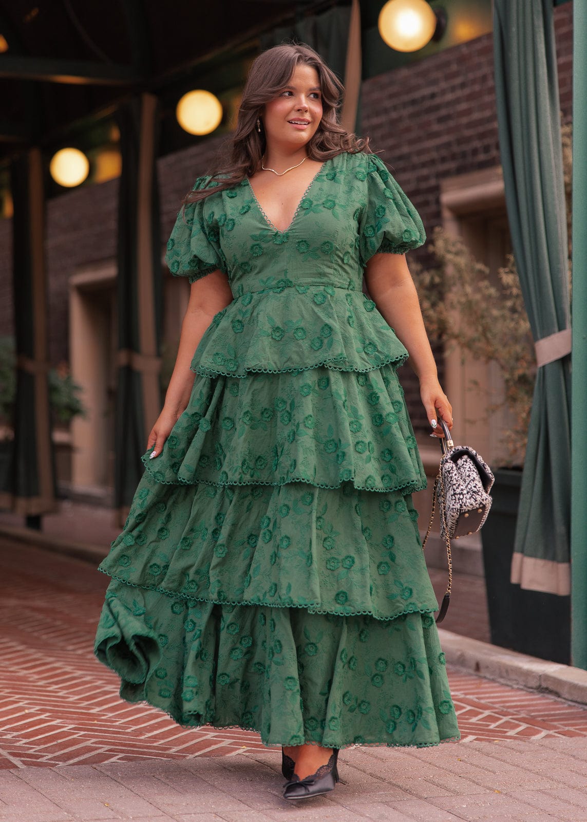 Sloane Puff Sleeve Tiered Cotton Floral V-Neck Maxi Dress - Green