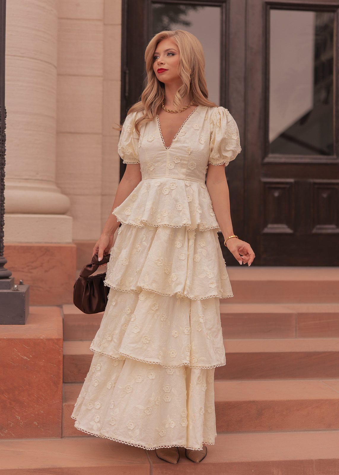 Sloane Puff Sleeve Tiered Cotton Floral V-Neck Maxi Dress - Cream