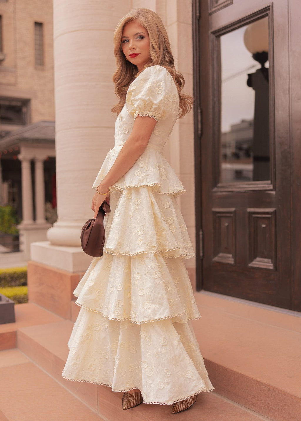 Sloane Puff Sleeve Tiered Cotton Floral V-Neck Maxi Dress - Cream