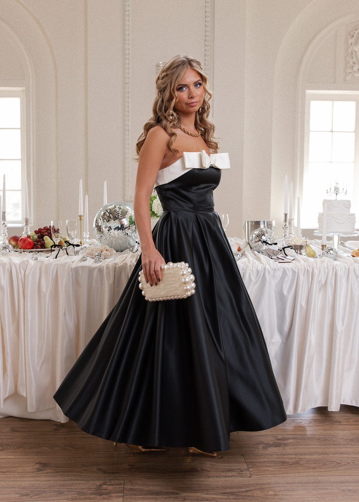 Sutton Satin Bow Strapless Dress - Black