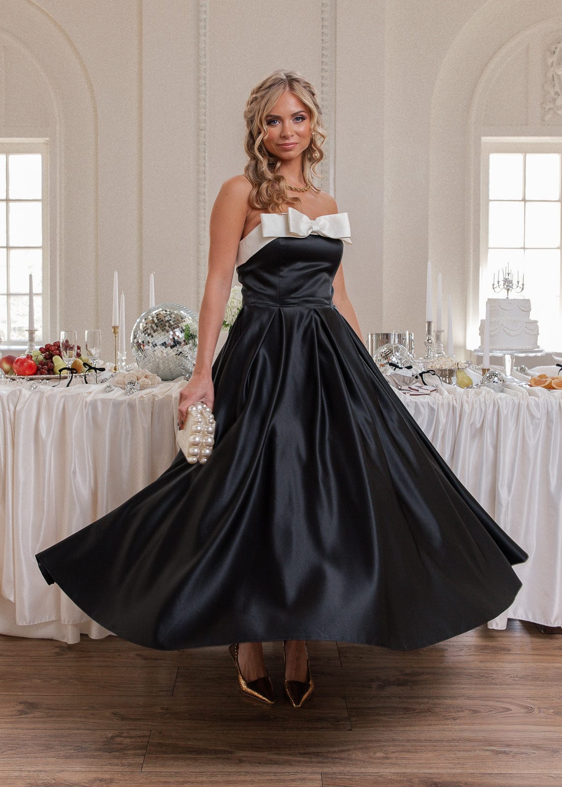 Sutton Satin Bow Strapless Dress - Black