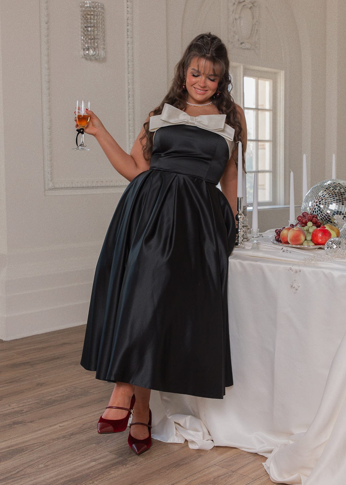 Sutton Satin Bow Strapless Dress - Black