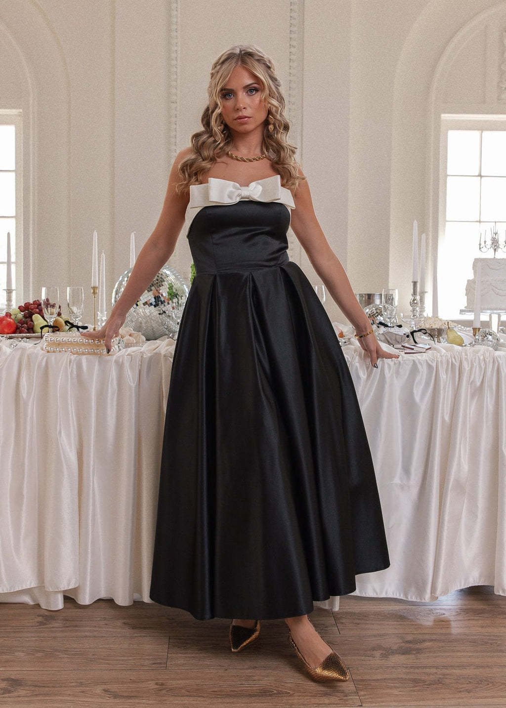Sutton Satin Bow Strapless Dress - Black