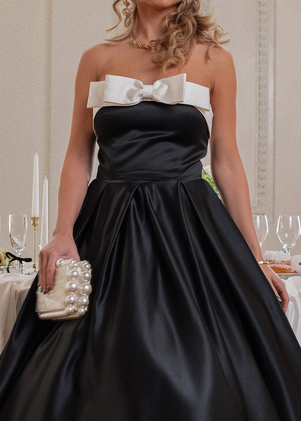 Sutton Satin Bow Strapless Dress - Black